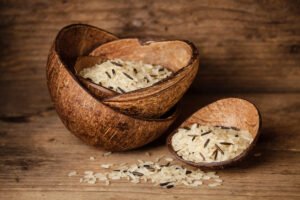 rice in coconut bowl.